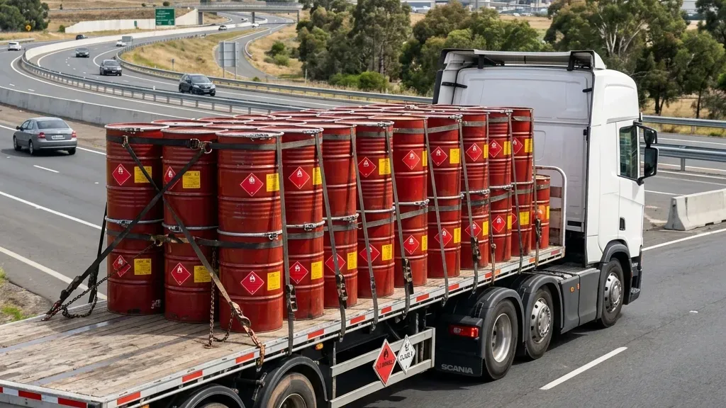 Secured drums of Class 3 flammable liquids in a DG vehicle