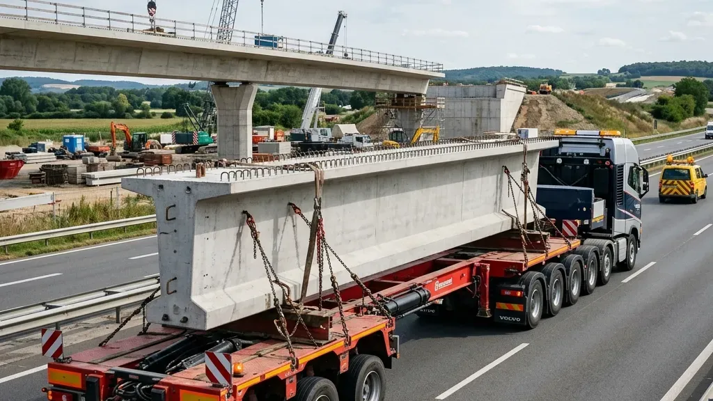 Prefabricated structures and bridge beams loaded for transport