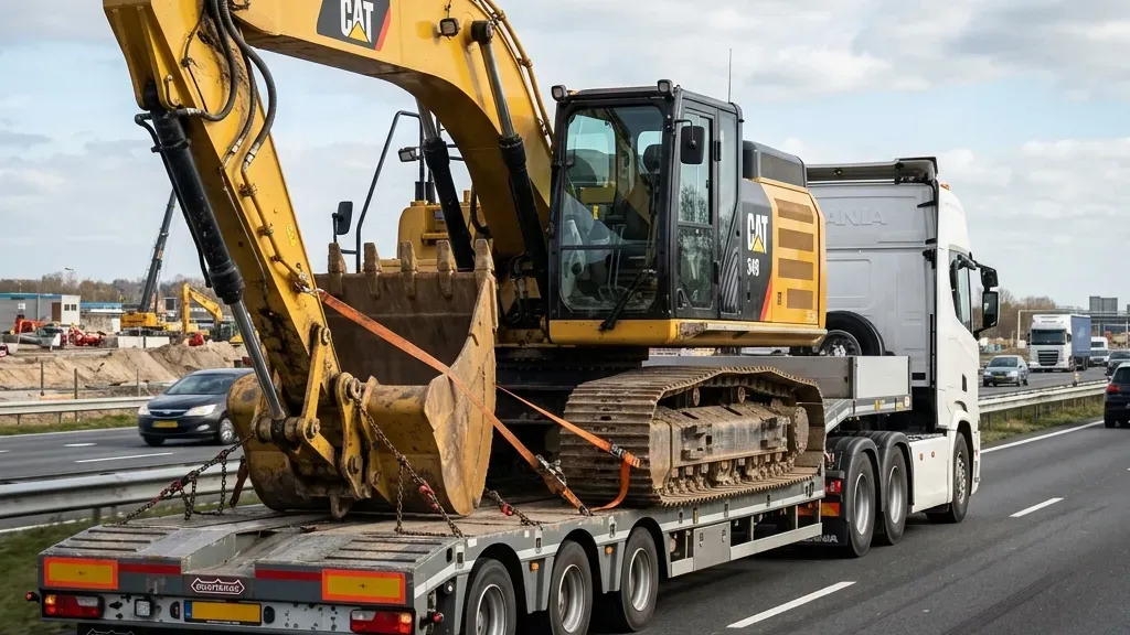 Excavator and earthmoving plant secured on a low-loader trailer