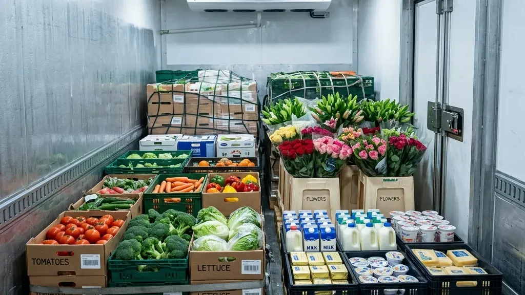 Refrigerated truck carrying chilled fresh produce and dairy