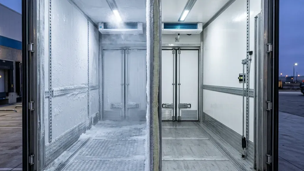 Partitioned reefer trailer carrying combined chilled and frozen freight