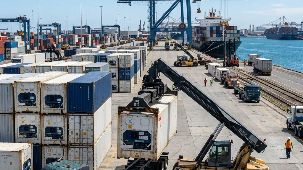 Reefer container collected at the wharf for cold chain transfer