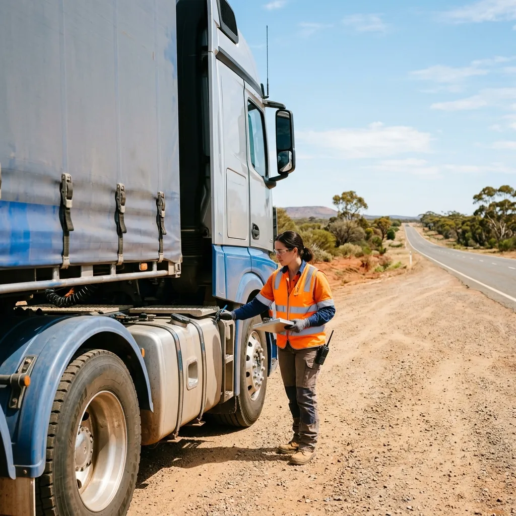 Professional truck driver performing a rigorous safety inspection on a modern commercial semi-truck