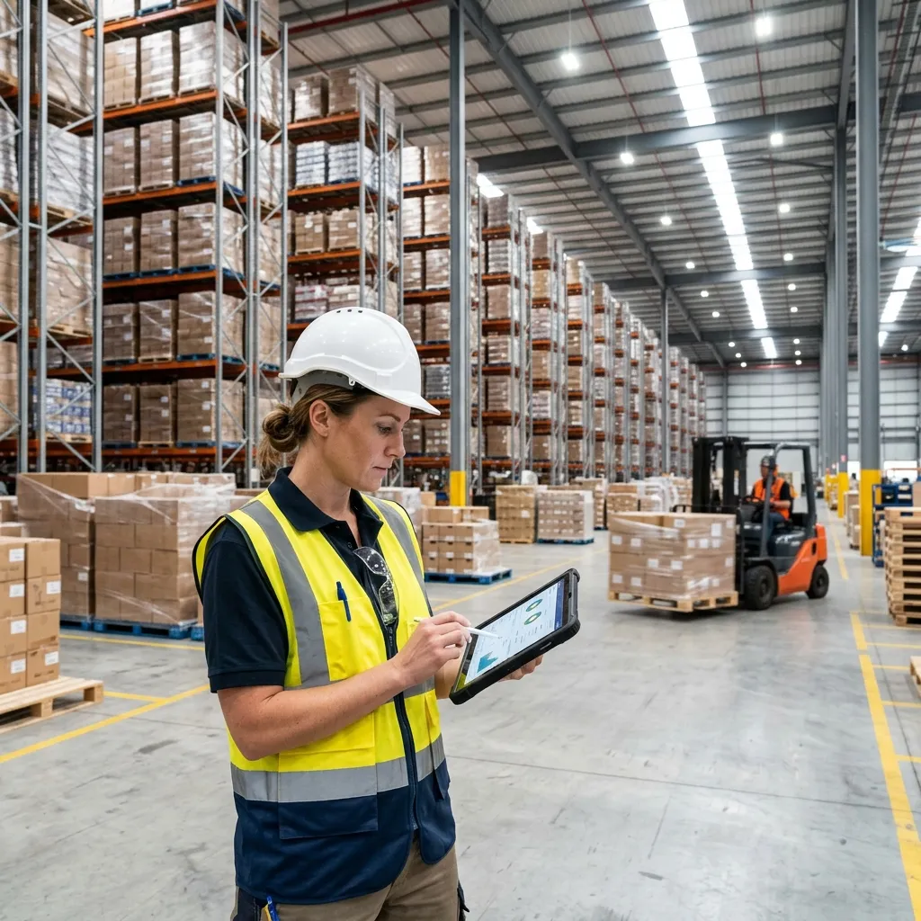 Professional logistics manager using a tablet inside a bright, modern distribution warehouse