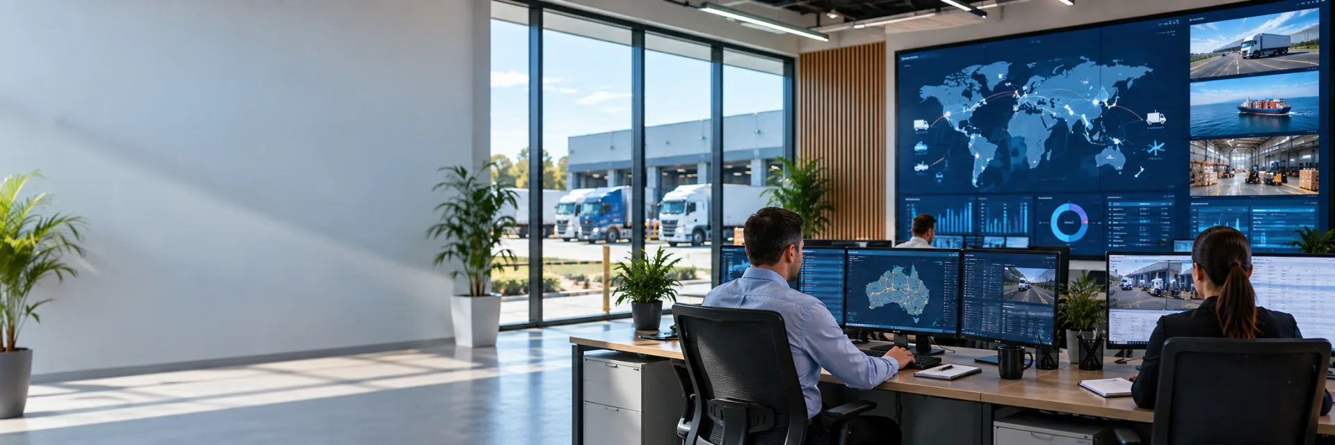 Logistics office with supply chain coordination data displayed