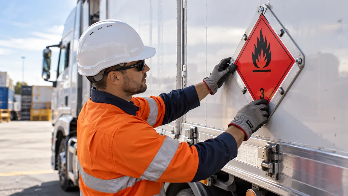 Dangerous goods placard being checked on a freight truck before dispatch