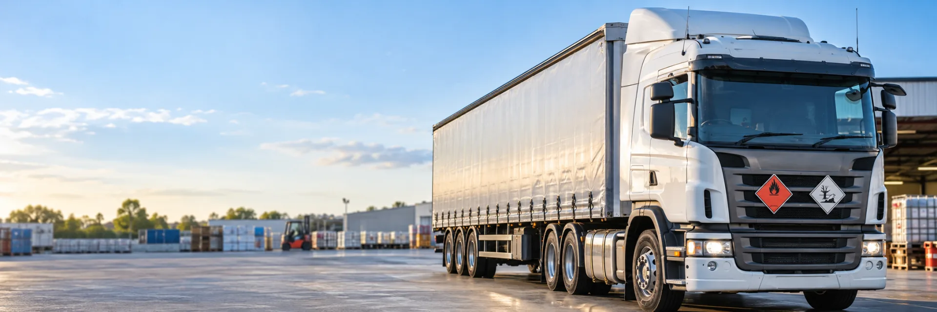 Placarded freight truck at a depot representing dangerous goods transport