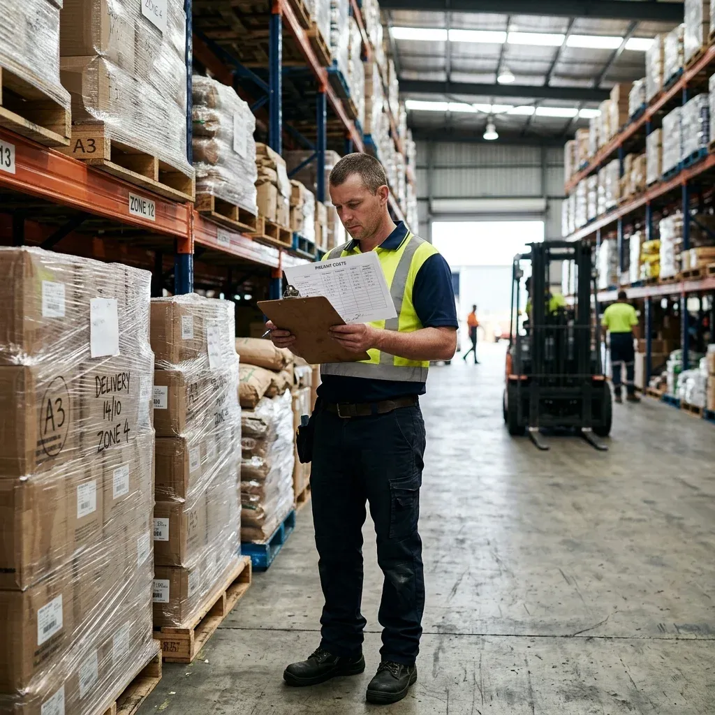 Warehouse worker reviewing freight costs on a clipboard beside palletised stock