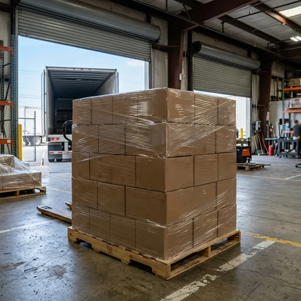 Shrink-wrapped pallet of cartons ready for collection in a loading bay