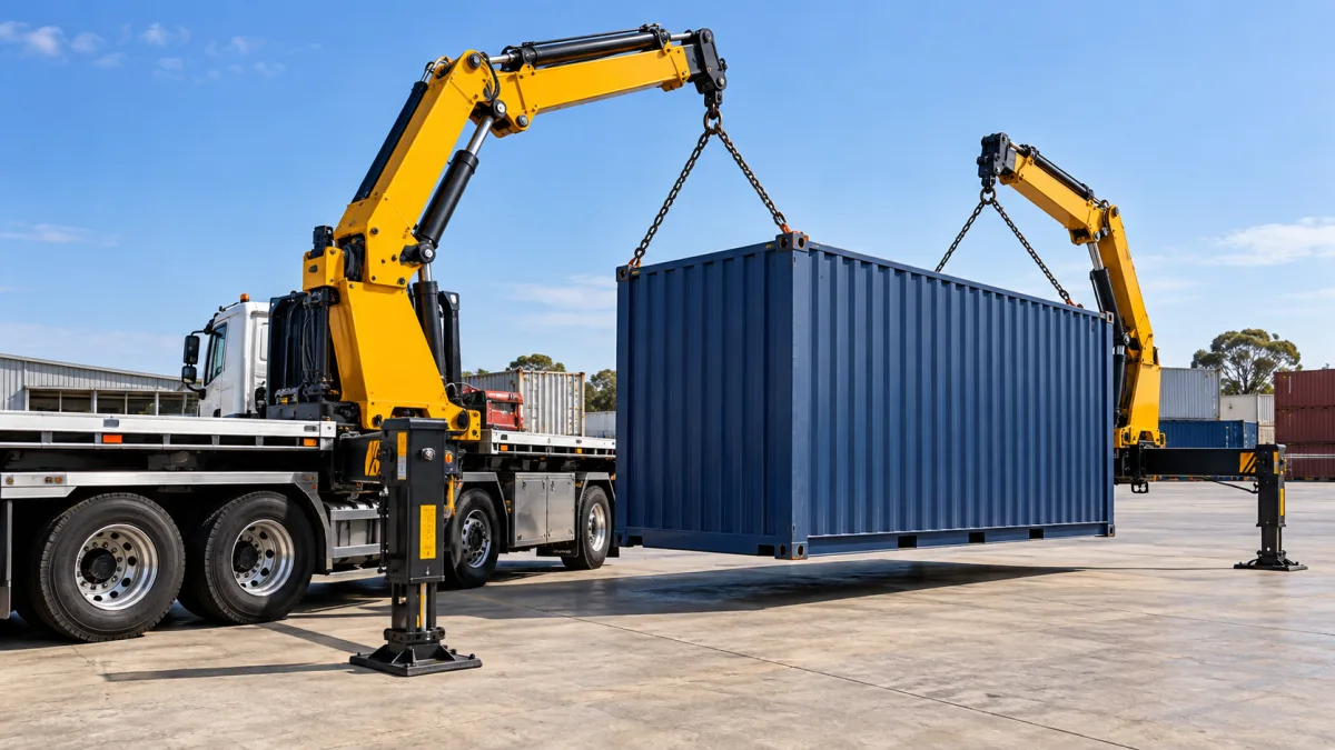 Side loader truck lifting a shipping container off its trailer and onto the ground