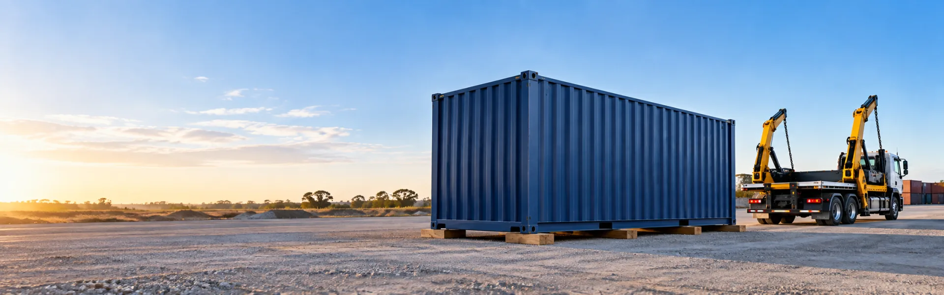 Shipping container placed level on a site after a side loader delivery