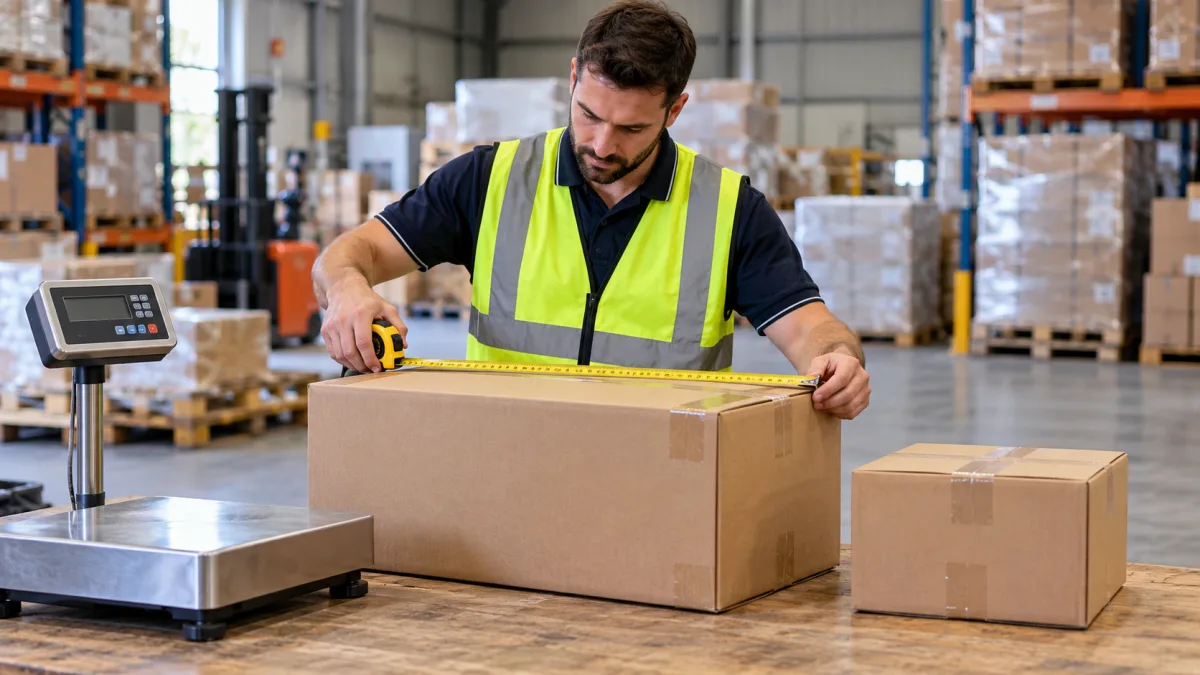 Warehouse worker measuring a cardboard carton with a tape measure to work out its cubic weight