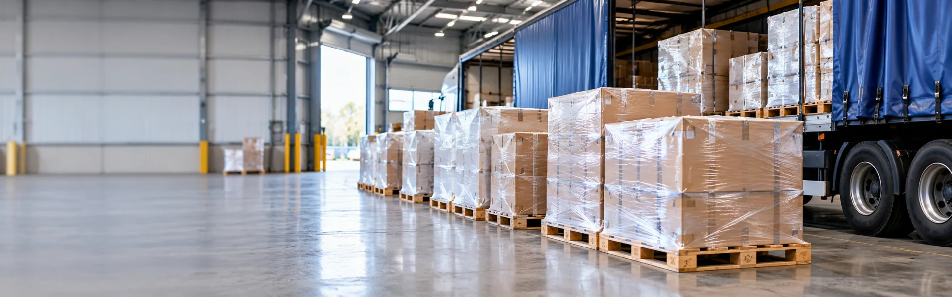 Pallets of bulky lightweight freight lined up beside a trailer at a freight depot