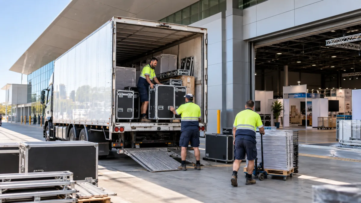 Freight truck unloading exhibition equipment at a venue loading dock