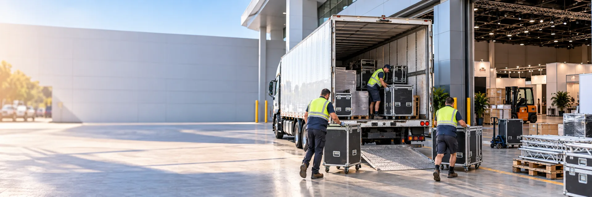 Venue loading dock with a truck and exhibition materials being moved