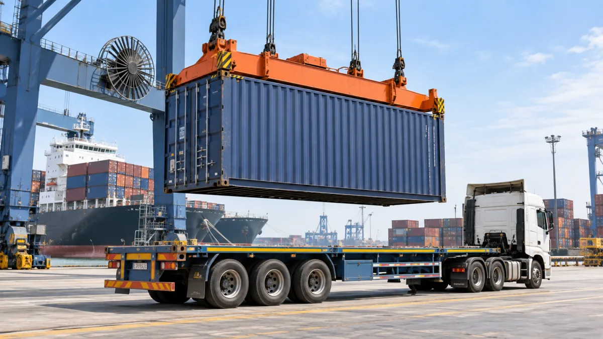 Shipping container being transferred from port to road transport
