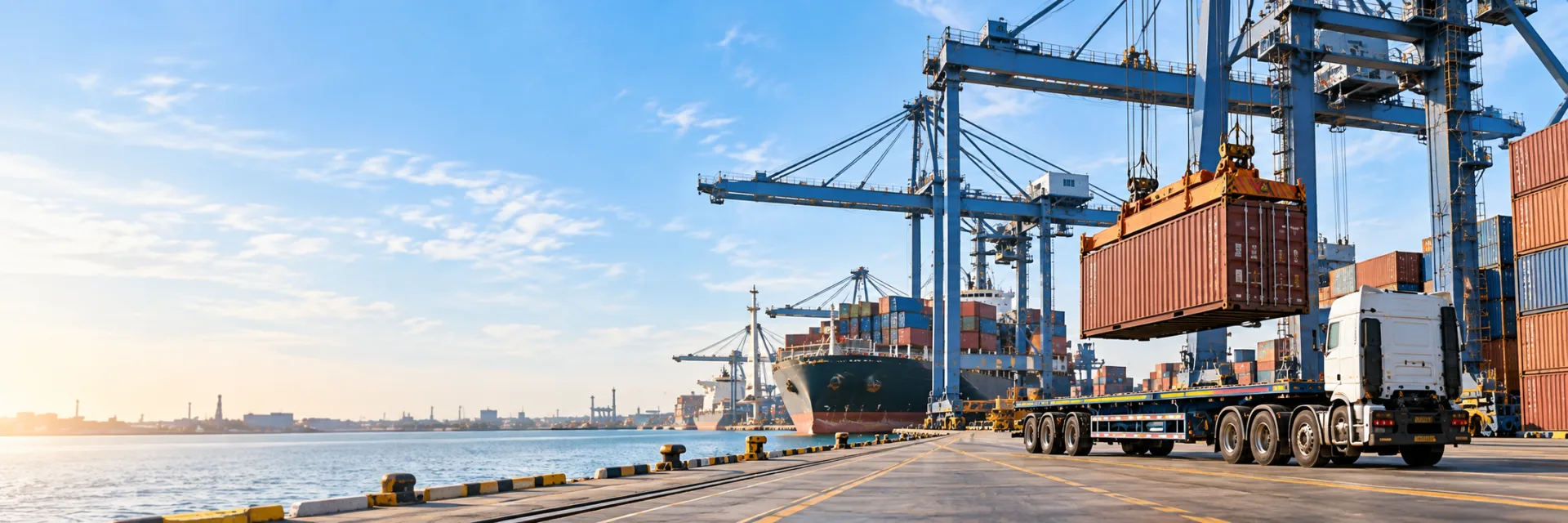 Port with containers and a road transport truck ready for the domestic leg