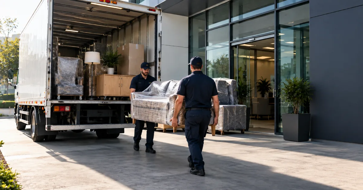 Flat-packed furniture boxes being loaded onto a freight trailer
