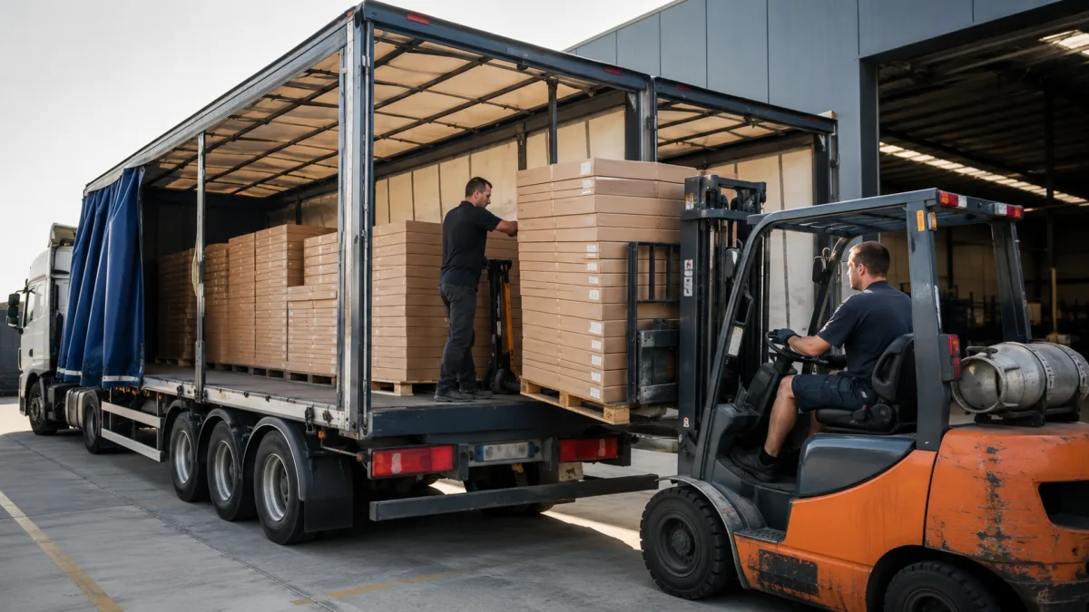 Flat-packed furniture boxes being loaded onto a freight trailer
