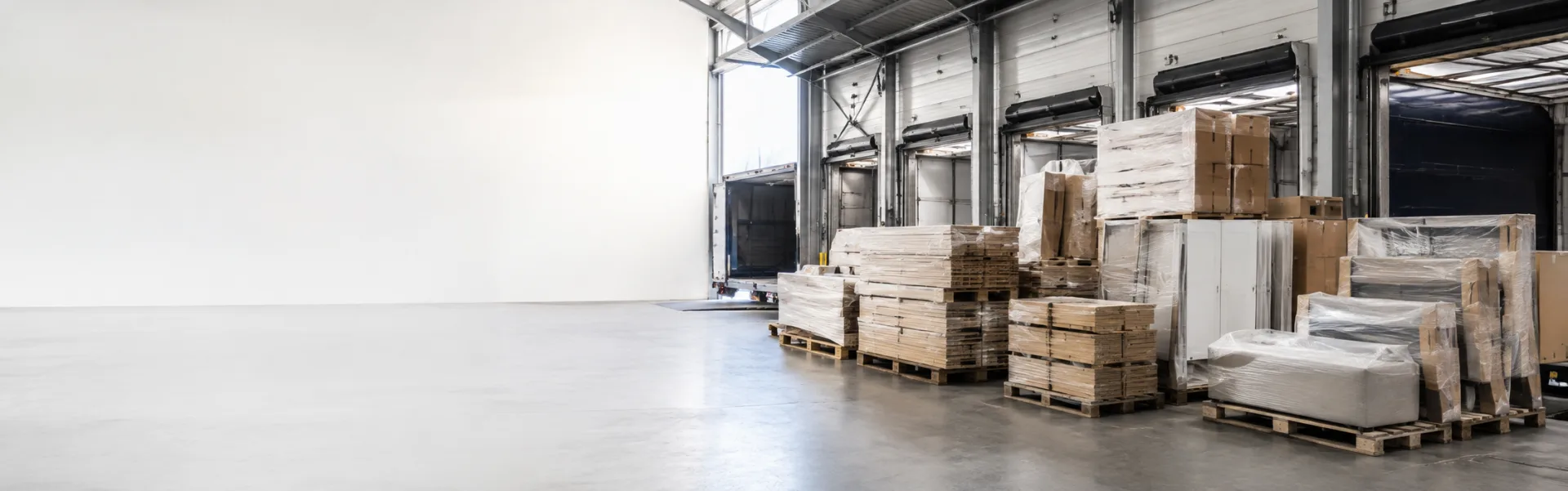 Warehouse loading dock with furniture stock ready for interstate dispatch