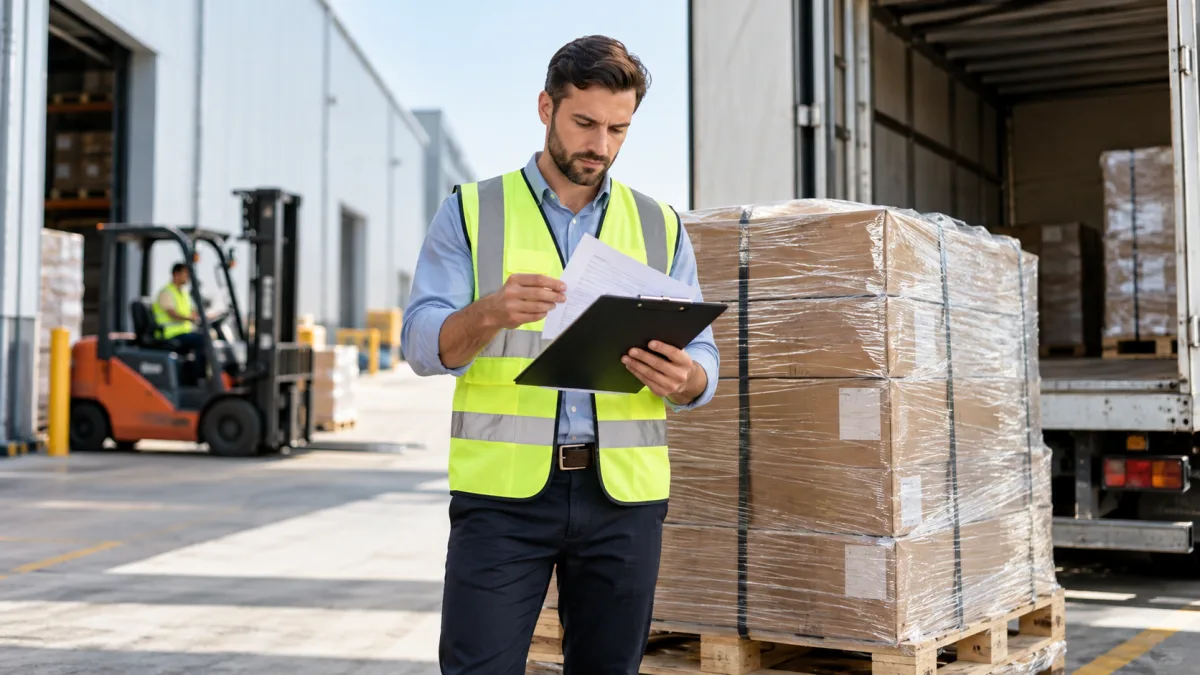 Businessperson reviewing documentation beside freight at a loading dock