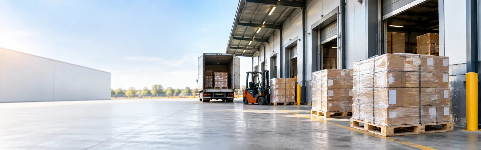 Warehouse loading dock with freight ready for dispatch