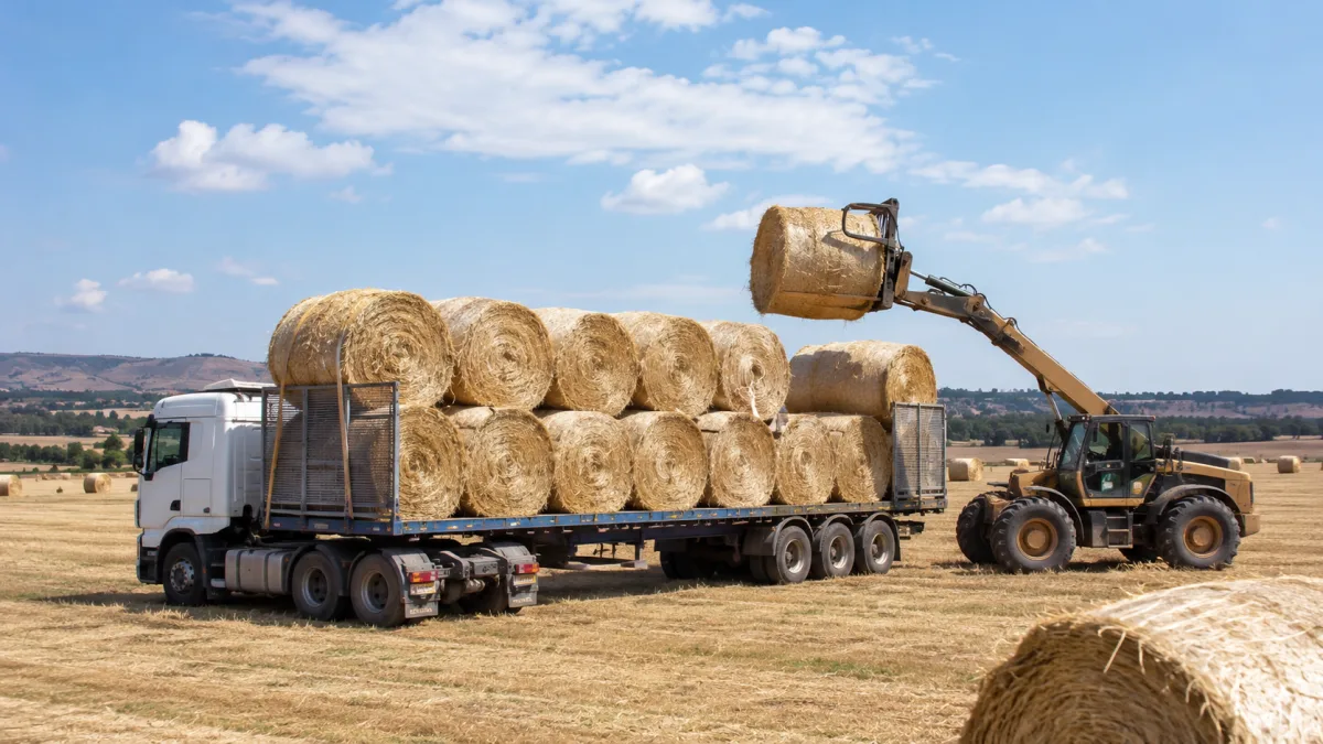 Flatbed truck being loaded with hay bales in a paddock during harvest season