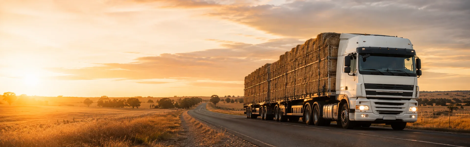 Truck carrying grain or hay freight on a rural road during harvest season