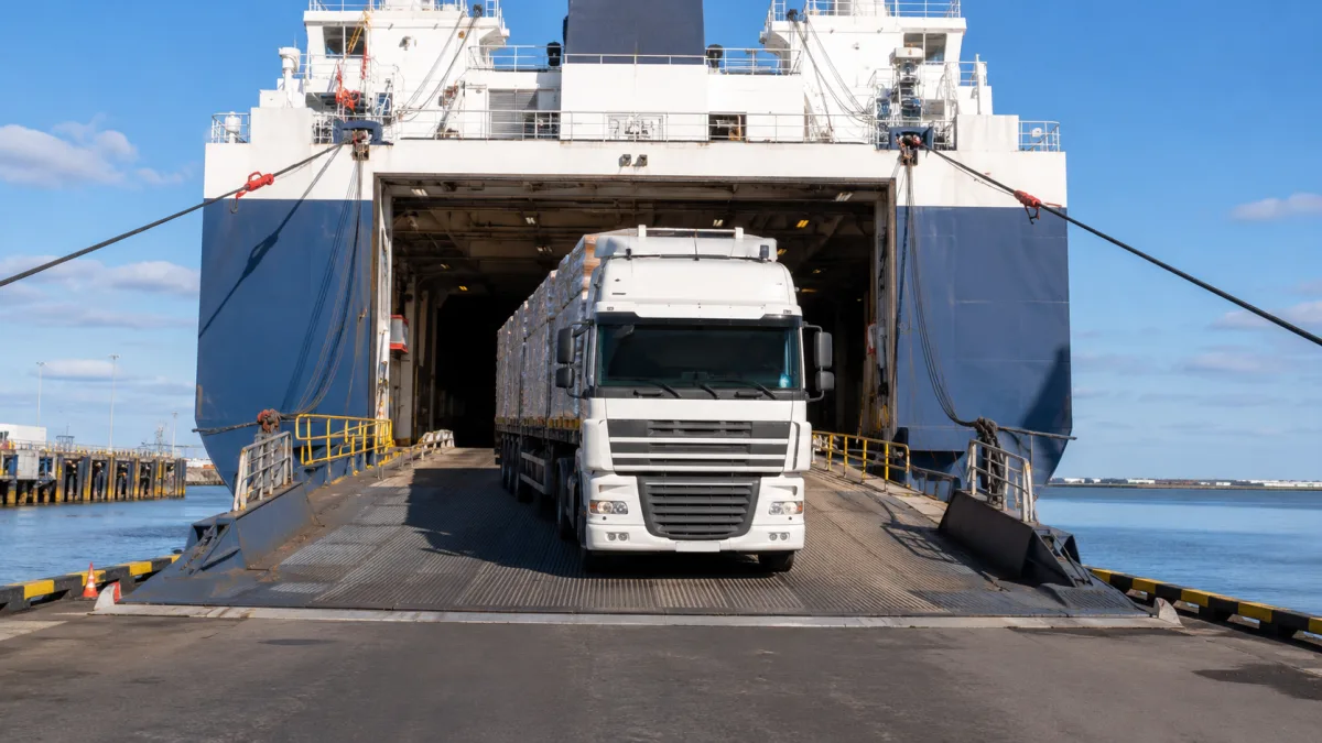 Freight truck driving onto a roll-on roll-off ferry for the Bass Strait crossing to Tasmania