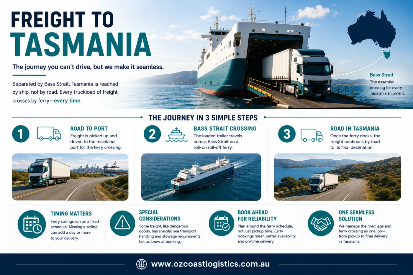Infographic showing how freight to Tasmania travels by road, Bass Strait ferry, and road again in three stages.
