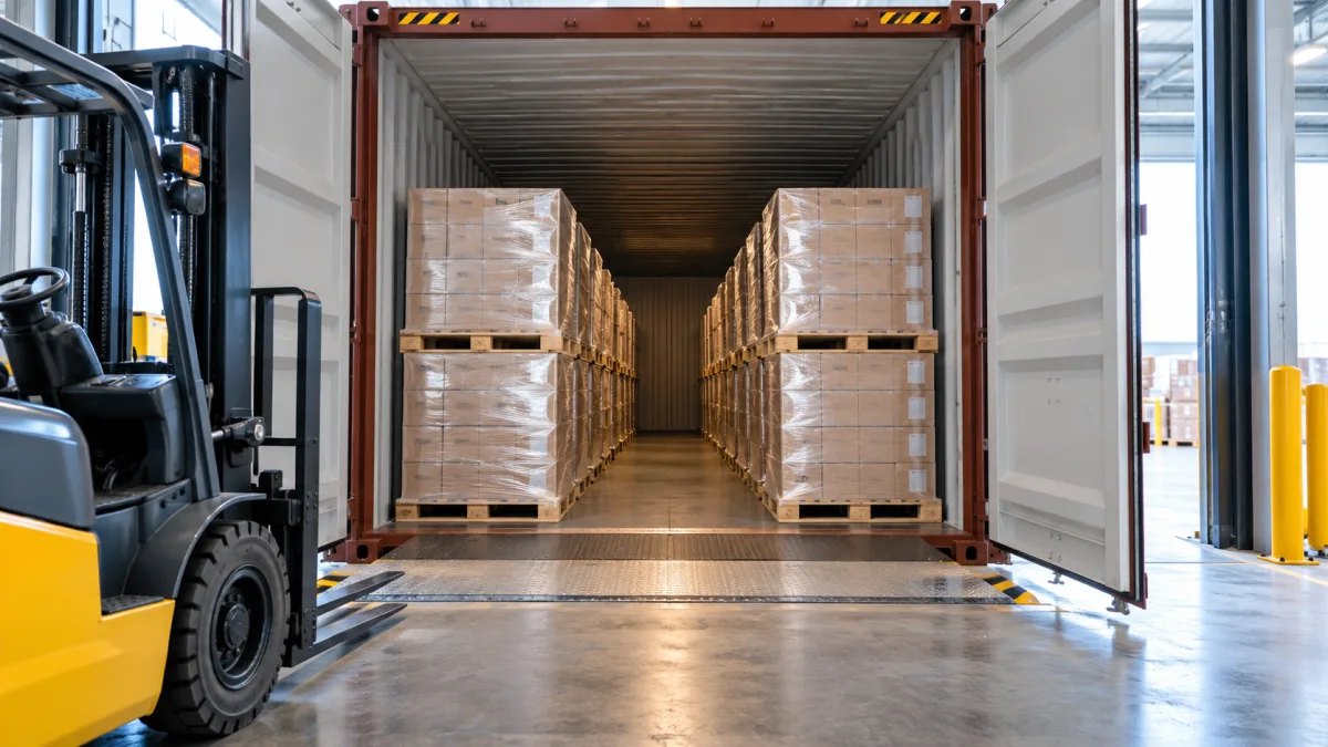 Pallets loaded two wide in rows inside a shipping container, viewed from the open doors