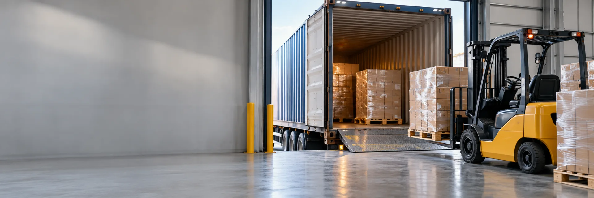 Forklift unloading pallets from a shipping container at a warehouse dock