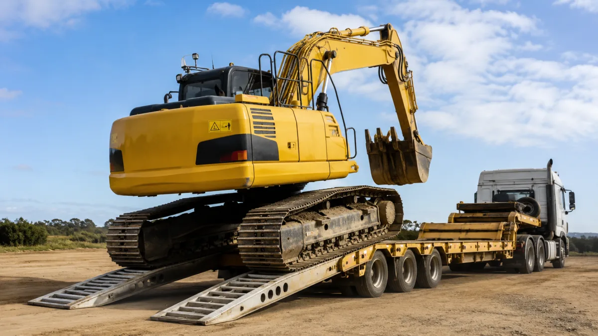 Excavator being loaded onto a low loader trailer for heavy machinery transport