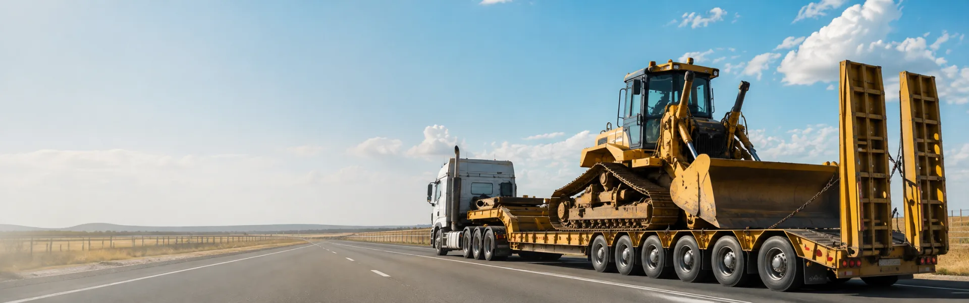 Low loader trailer carrying heavy machinery on a highway