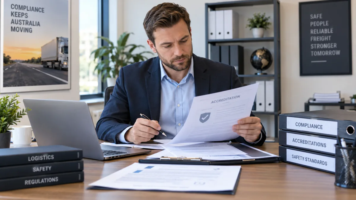 Compliance manager reviewing heavy vehicle accreditation documentation