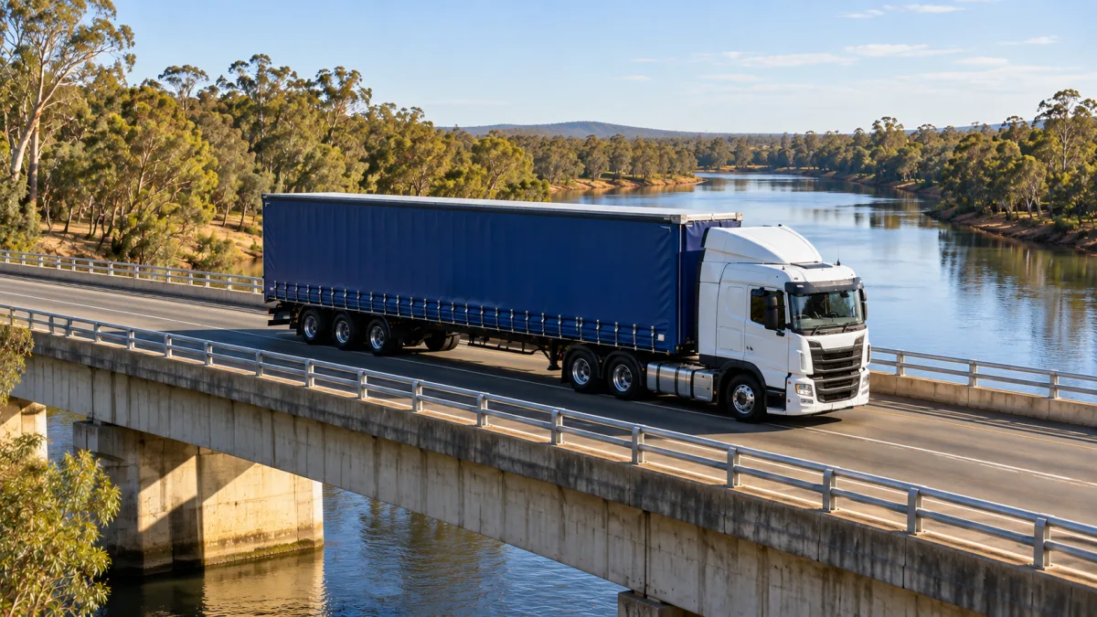 Freight truck crossing a river bridge on a regional Australian highway