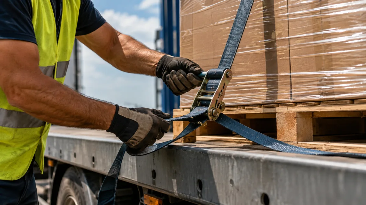 Worker securing a palletised load with ratchet straps on a flatbed truck