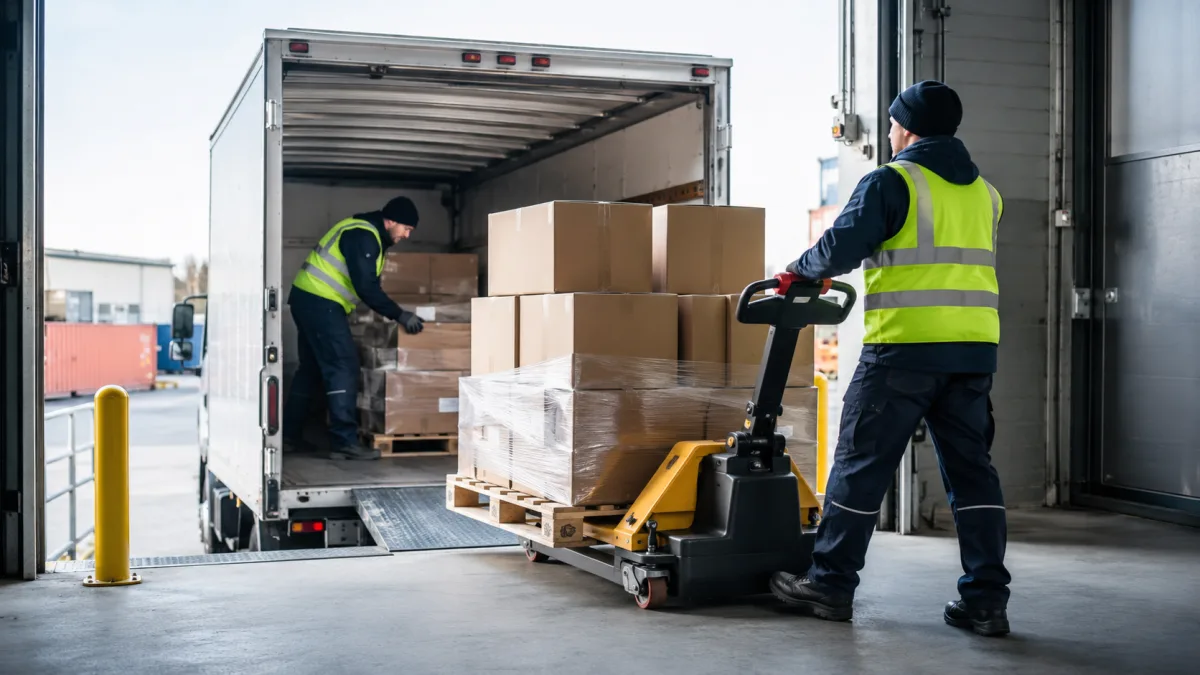 Boxes of medical consumables and PPE being loaded onto a freight trailer