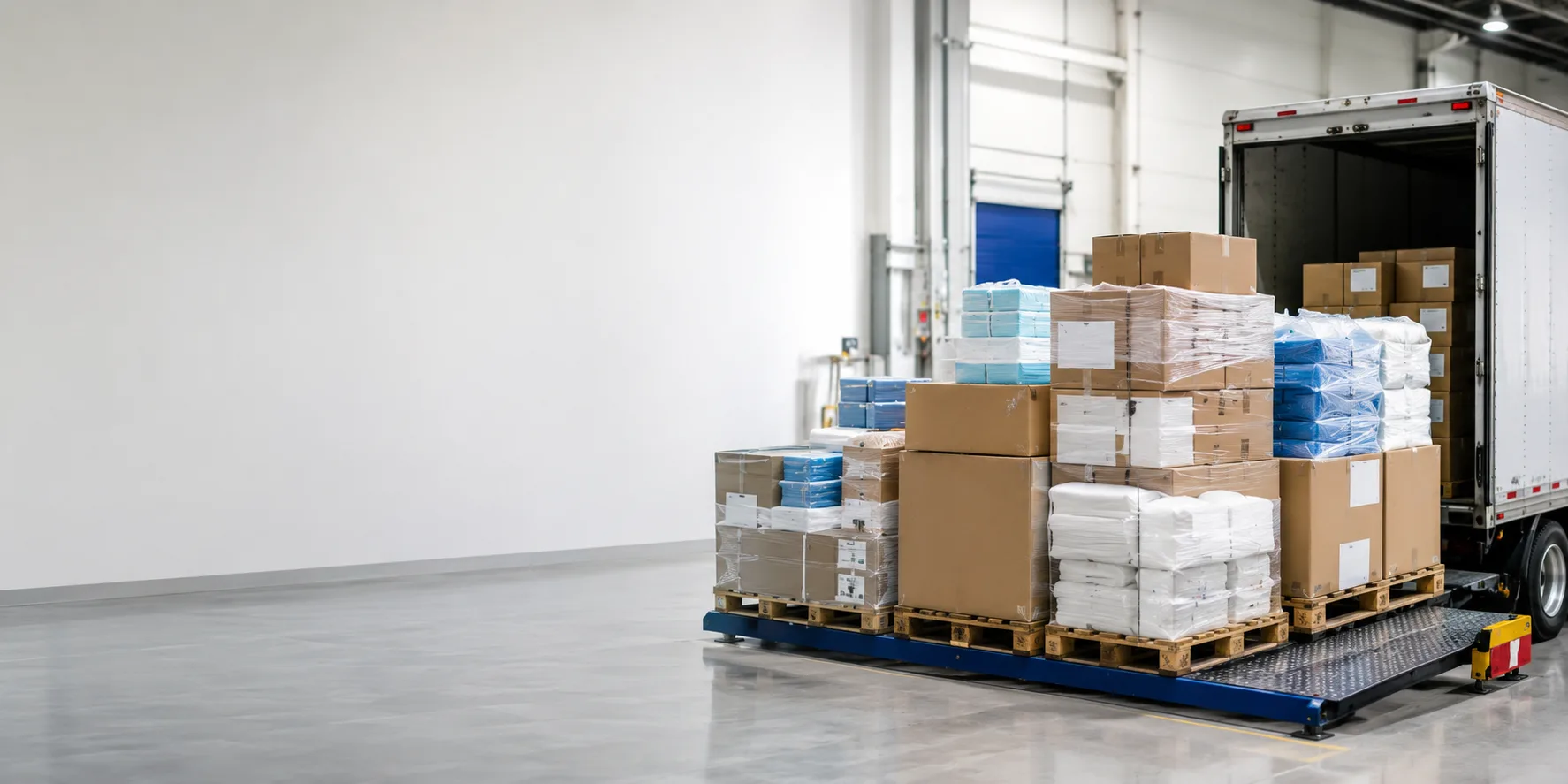 Warehouse loading dock with medical consumable freight ready for dispatch
