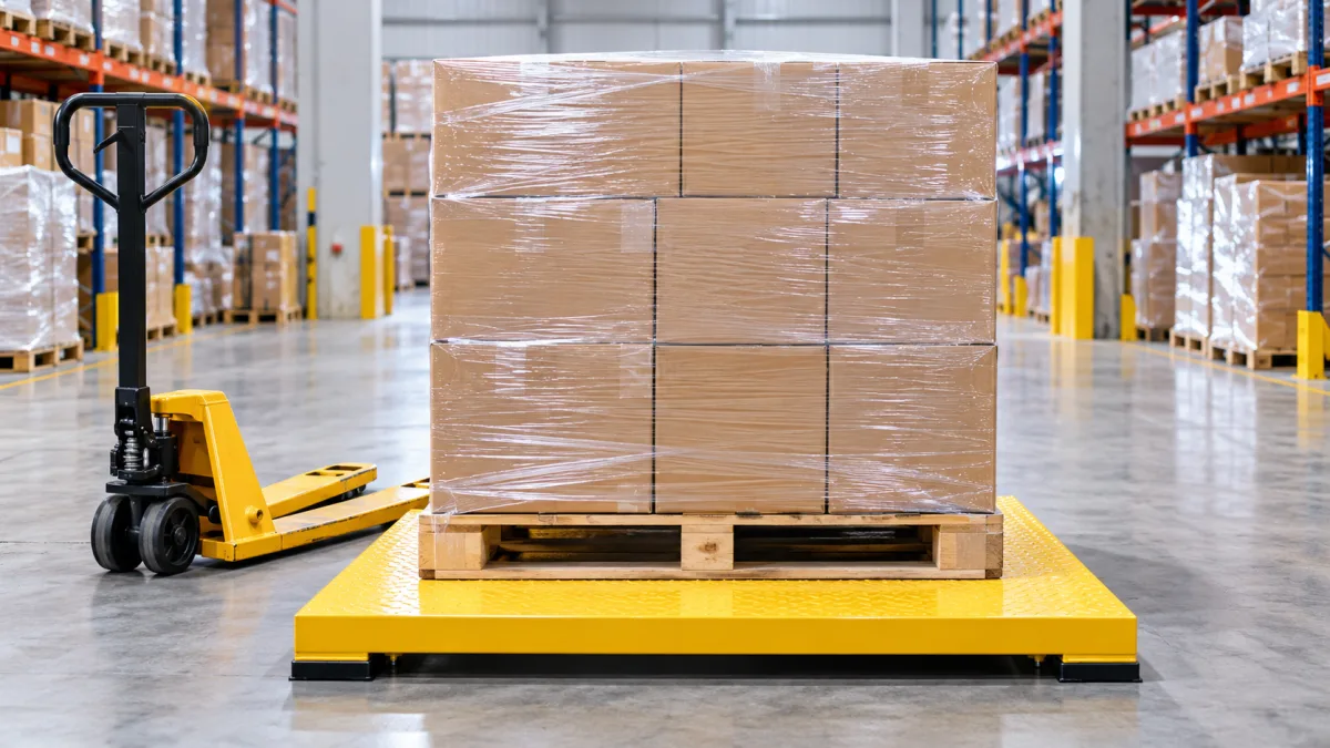 Wrapped pallet of cartons being weighed on a warehouse floor scale