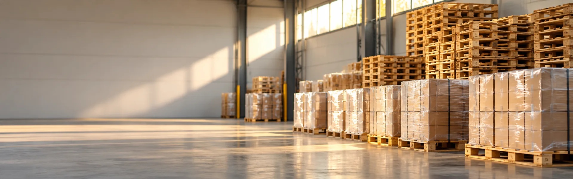 Stacks of empty timber pallets beside loaded pallets in a warehouse