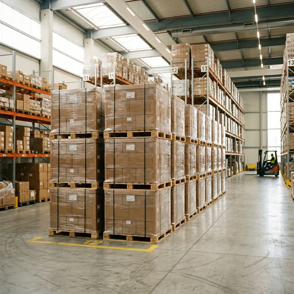 Stacked pallets ready for dispatch in a distribution warehouse