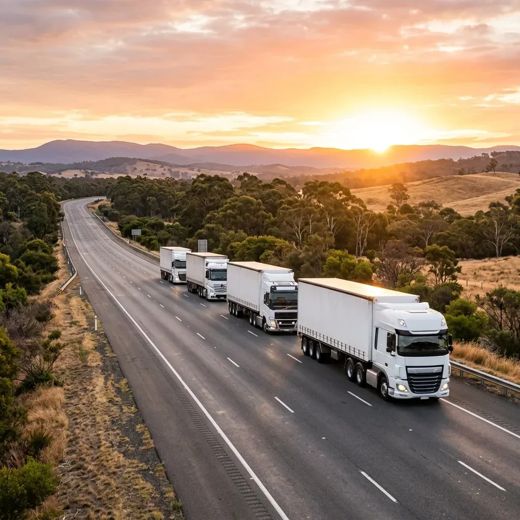 Fleet of Ozcoast Logistics trucks parked at a transport depot