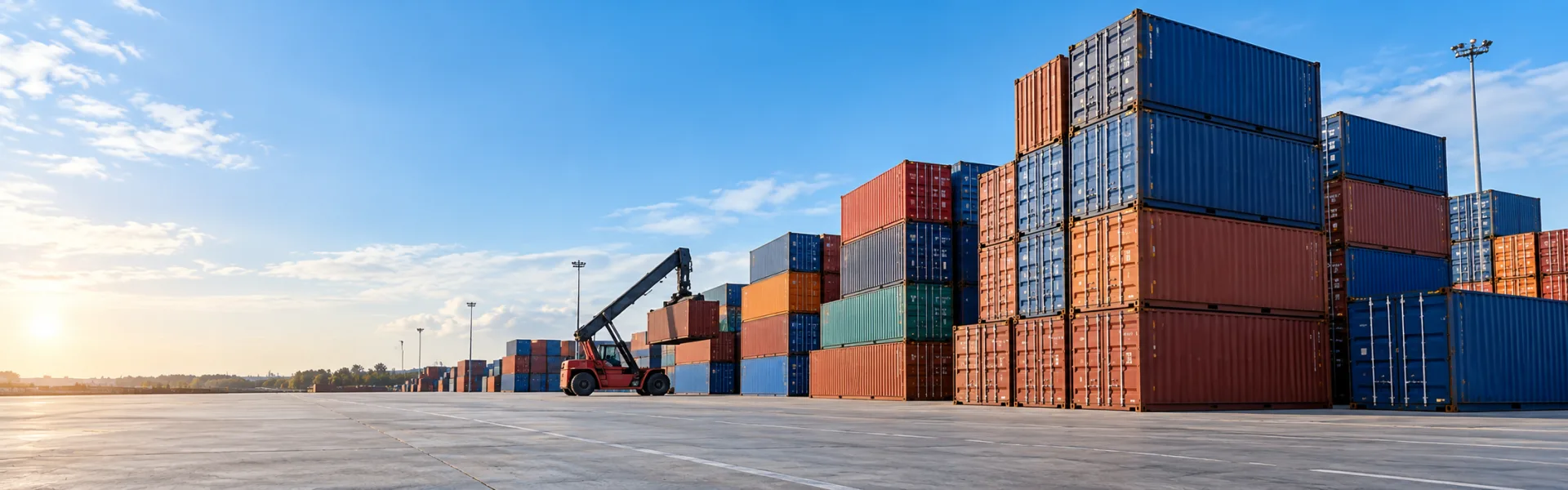 Container depot with stacked shipping containers of various sizes