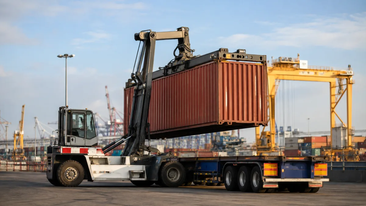Side-loader truck lifting a shipping container onto a trailer at an Australian port depot