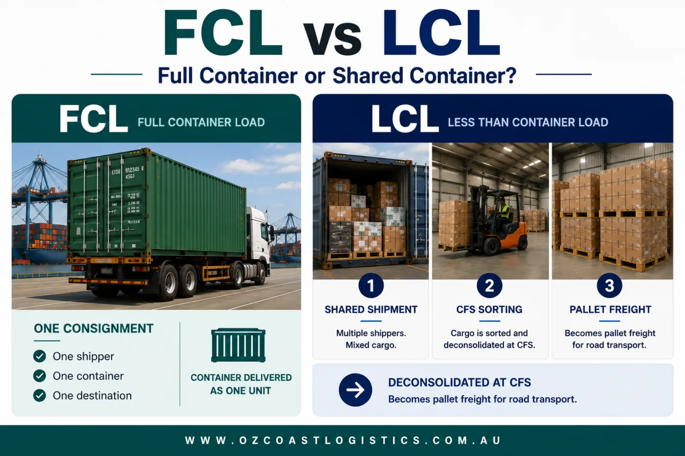 FCL vs LCL infographic comparing full container load with less than container load, showing shared shipment, CFS sorting, and pallet freight for Australian road transport.