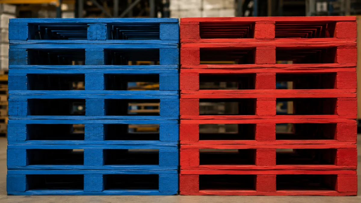 CHEP and Loscam pallets shown side by side in a warehouse