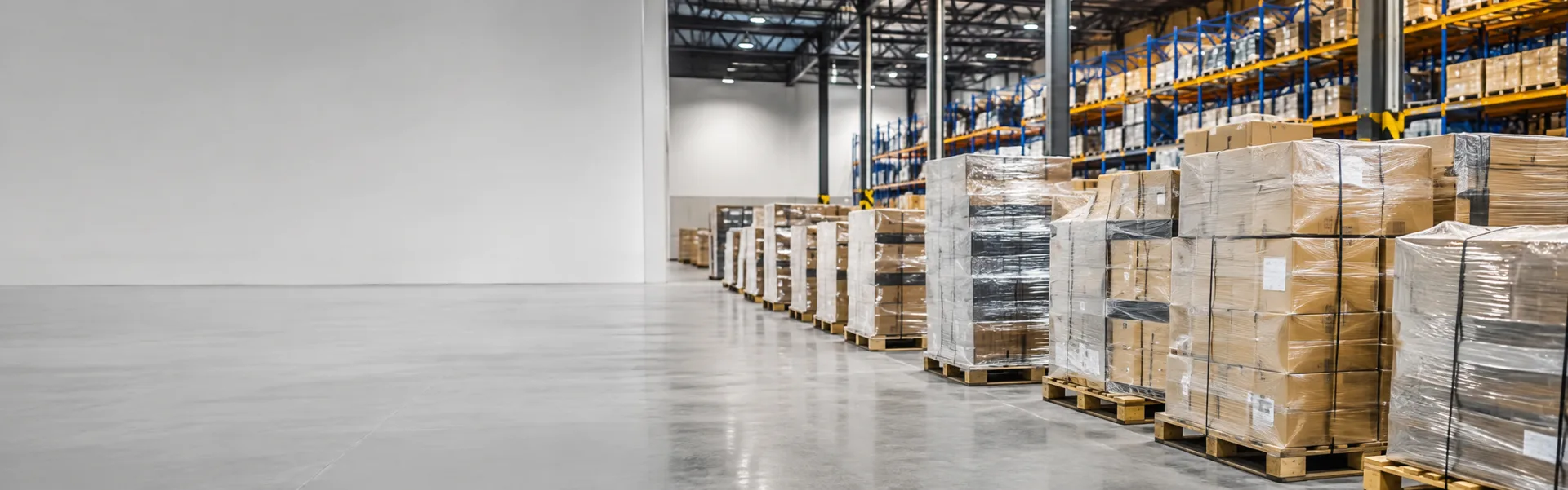 Warehouse with rows of loaded pallets ready for freight dispatch