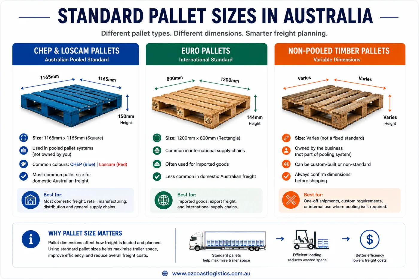 Standard pallet sizes in Australia infographic comparing CHEP and Loscam pallets (1165 × 1165 mm), Euro pallets (1200 × 800 mm), and non-pooled timber pallets, with their dimensions, typical uses, and freight planning benefits.