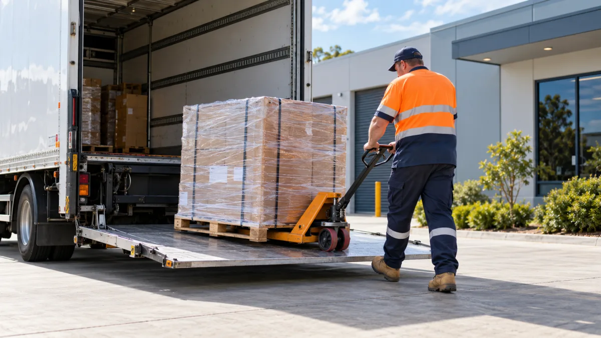 Pallet being rolled off a truck's hydraulic tail lift onto a concrete driveway during a tailgate delivery